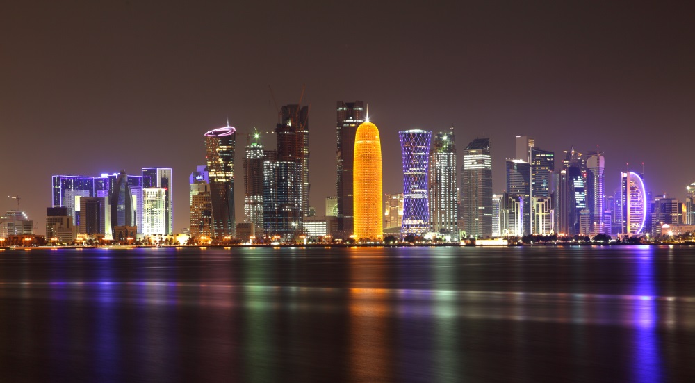 Katar Doha Dausza Doha skyline at night, Qatar, Middle East